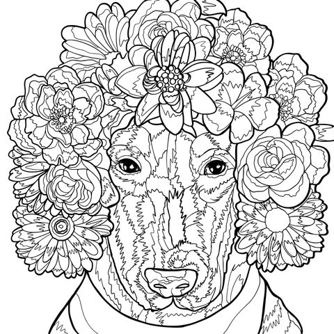 Dog with Flower Wreath Coloring Page