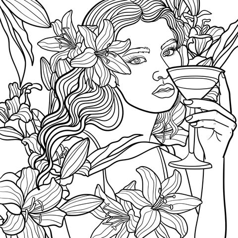 Coloring Page of a Woman Surrounded by Flowers Holding a Cocktail