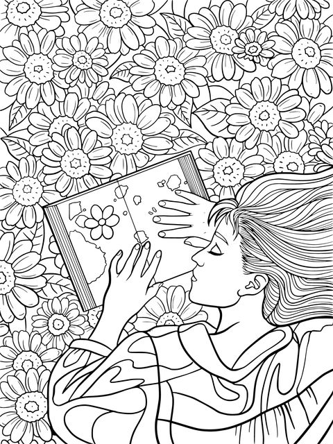 Chica leyendo en una cama de flores