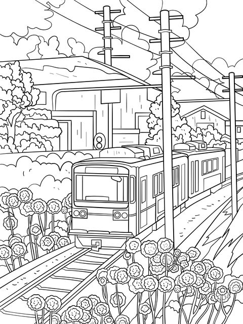 Countryside Tram Scenery Coloring Page