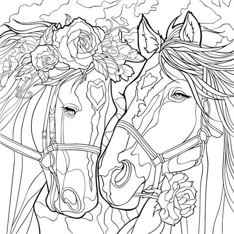 Bonita página de colorear de dos caballos: Caballos elegantes con guirnaldas de flores