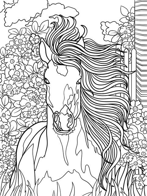 Coloring Page of a Horse and Flowers