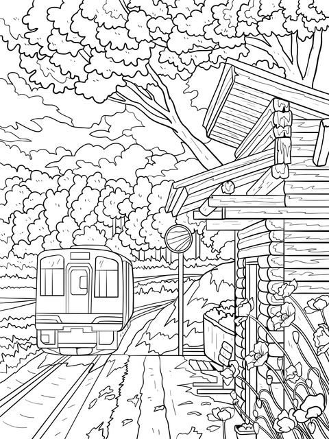 Train and Log - cabin Landscape Coloring Page