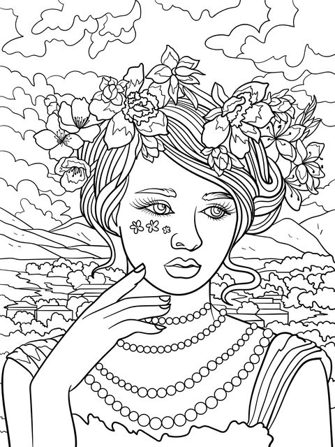 Coloring Page of a Woman with a Flower Wreath