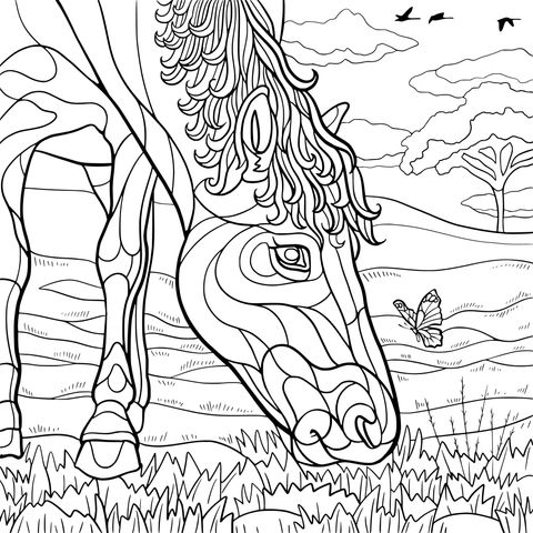 Horse and Butterfly Coloring Page: Artistic Creation in a Pastoral Setting