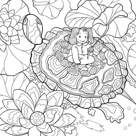 Coloring Page of a Girl and a Turtle in a Lotus Pond