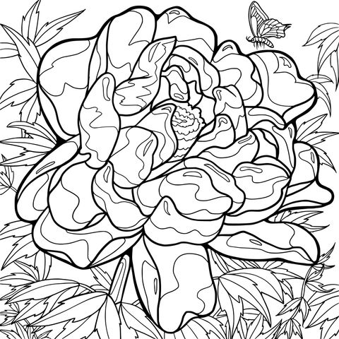 Peony Flower and Butterfly Coloring Page