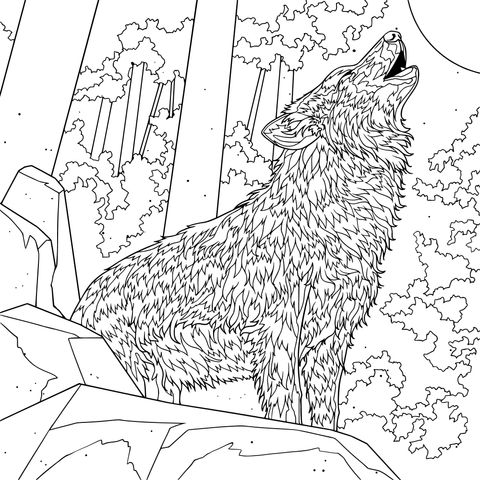 Howling Wolf Under the Moonlight Coloring Page