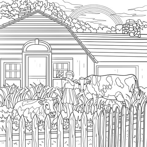 Idyllic Pastoral: Girl and Cows Coloring Page