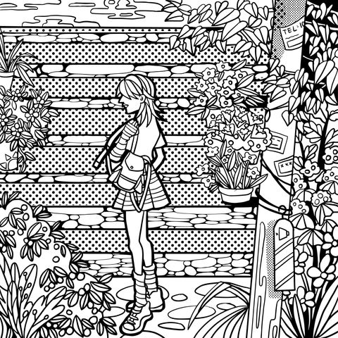 Página para colorear de una chica paseando por un sendero bordeado de flores