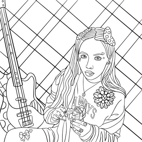 Página para colorear de una chica de moda y una guitarra