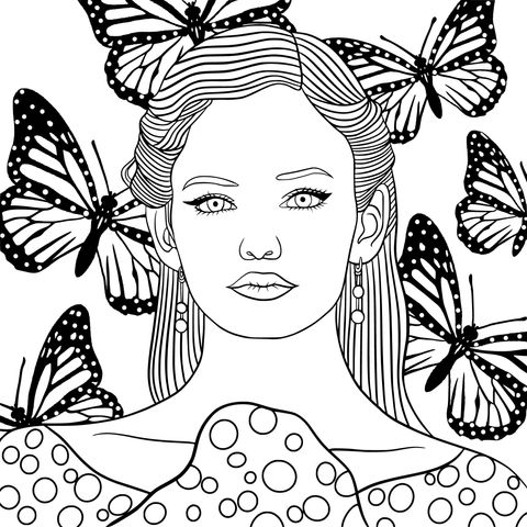 Página para colorear de una mujer rodeada de mariposas