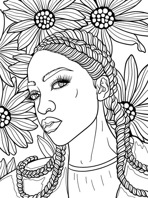 Beautiful Braided - Haired Woman and Flower Coloring Page