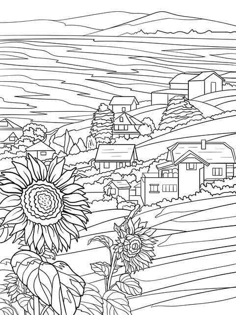 Página de Colorear de Paisaje Rural: Girasoles y Belleza del Pueblo