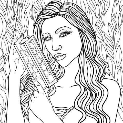 Fashion Beauty Coloring Page: Beautiful Woman Holding an Eyeshadow Palette