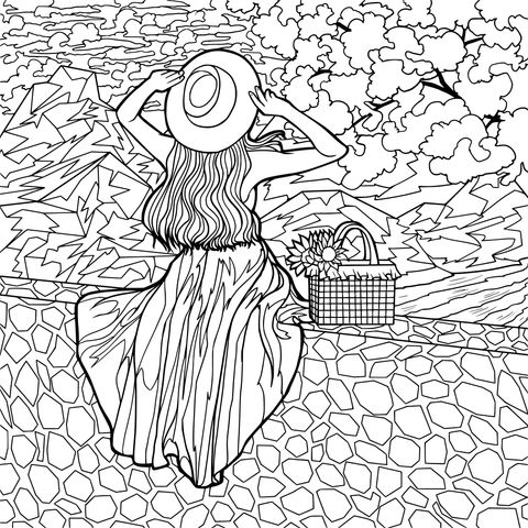 Coloring Page of a Woman Enjoying the Beautiful Scenery