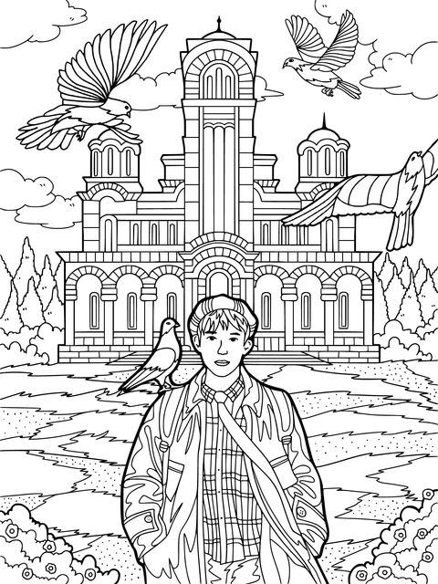 Character Coloring Page with Building and Birds