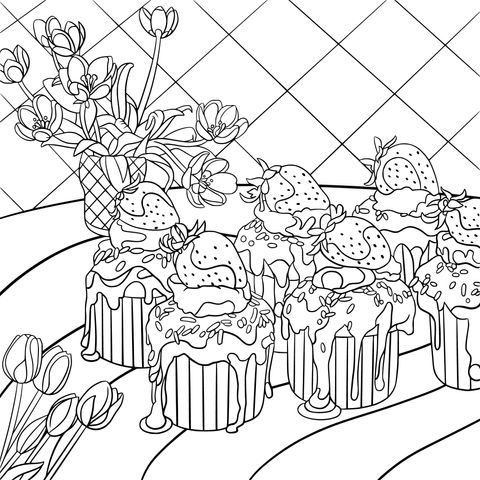 Strawberry Cupcakes and Flowers Coloring Page