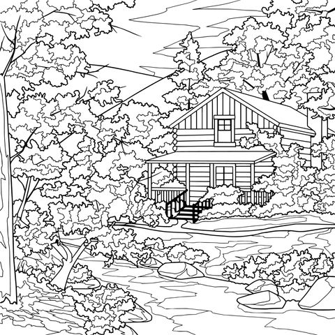 Autumn Streamside Cabin Coloring Page