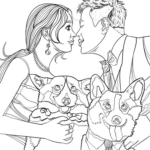 Romantic Couple and Corgi Dogs Coloring Page