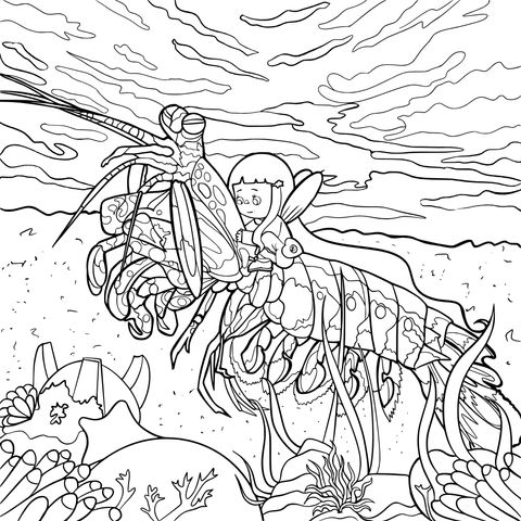 Fantasy Underwater World Coloring Page: Little Girl and Mantis Shrimp