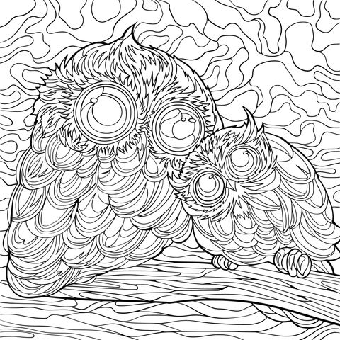 Coloring Page of Owls under the Starry Sky