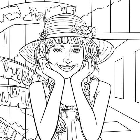 Coloring Page of a Lovely Girl Wearing a Flower - adorned Hat