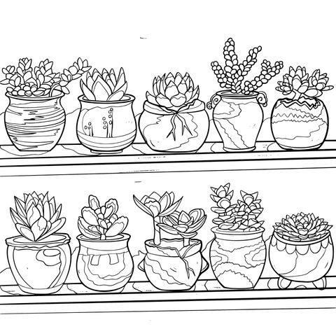 Succulent Coloring Page: Diverse Potted Plants in Vivid Colors