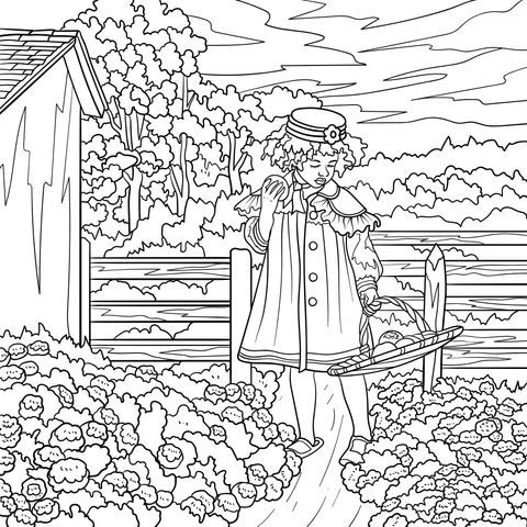 Coloring Page of a Girl in a Pastoral Landscape