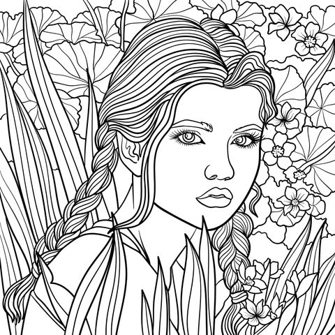 Girl in Flower - filled Surroundings Coloring Page