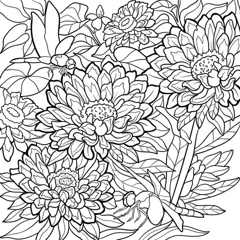 Flowers and Dragonflies Coloring Page