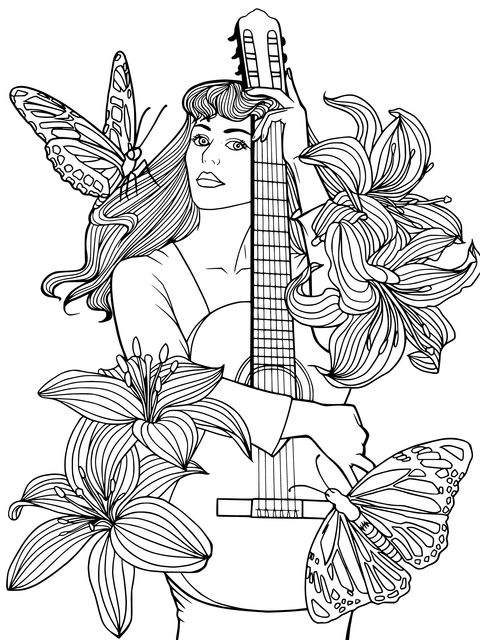 Página para colorir de uma mulher segurando uma guitarra