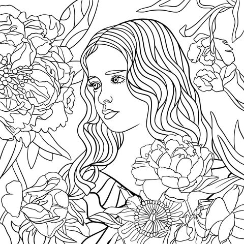 Coloring Page of a Woman Surrounded by Flowers