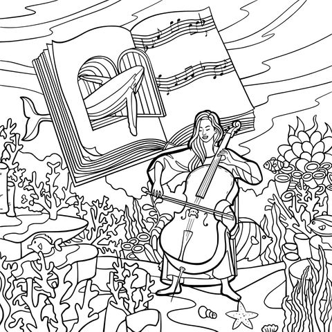 Coloring Page of a Woman Playing the Cello Under the Sea