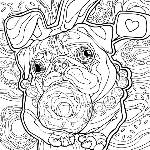 Página de colorear de un pug y donuts