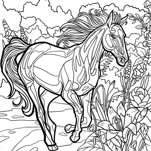 Página de Colorear de Caballo y Flores