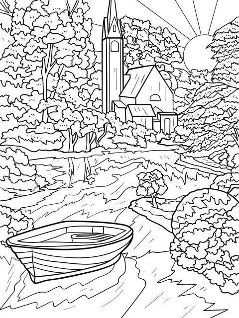 Autumn Riverside Church Landscape Coloring Page