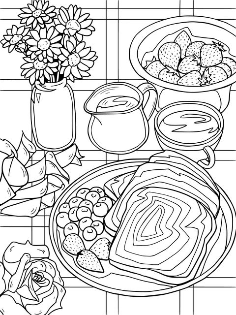 Breakfast - themed Coloring Page: Delicacies and Flowers Together