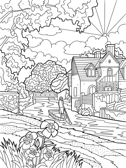 Idyllic riverside life scene