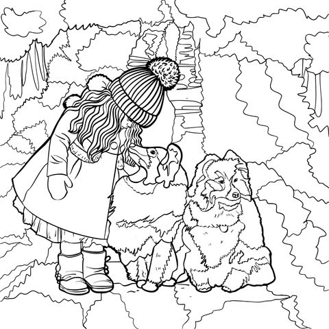 Autumn - themed Coloring Page of a Girl and Collies