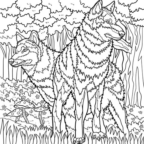 Two Wolves in the Forest Coloring Page