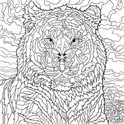 Colorful Tiger and Butterfly Coloring Page