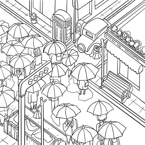 Colorful Street Scene with Umbrellas Coloring Page