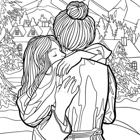 Heart - warming Mother - Daughter Hug Coloring Page