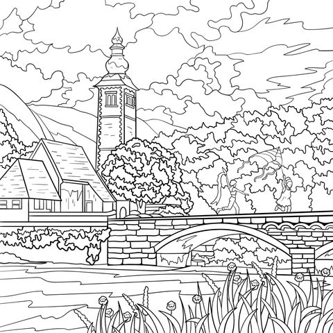 Autumn Countryside Scenery Coloring Page