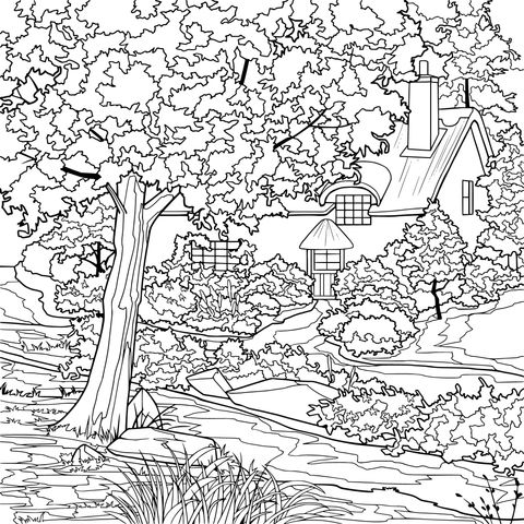 Rural Cottage Landscape Coloring Page