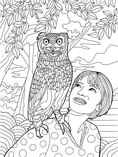 Coloring Page Illustration of a Girl and an Owl