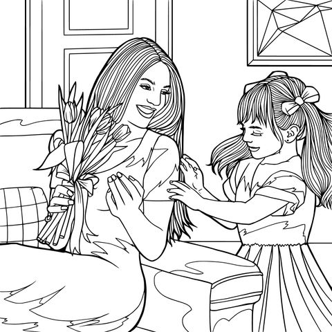 Coloring Page Illustration of Daughter Presenting Flowers to Mother