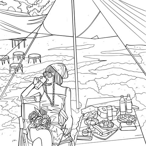 Coloring Page of a Lady Camping