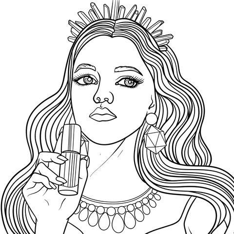 Fashionable Girl Coloring Page: Shining Attire with Lipstick in Hand